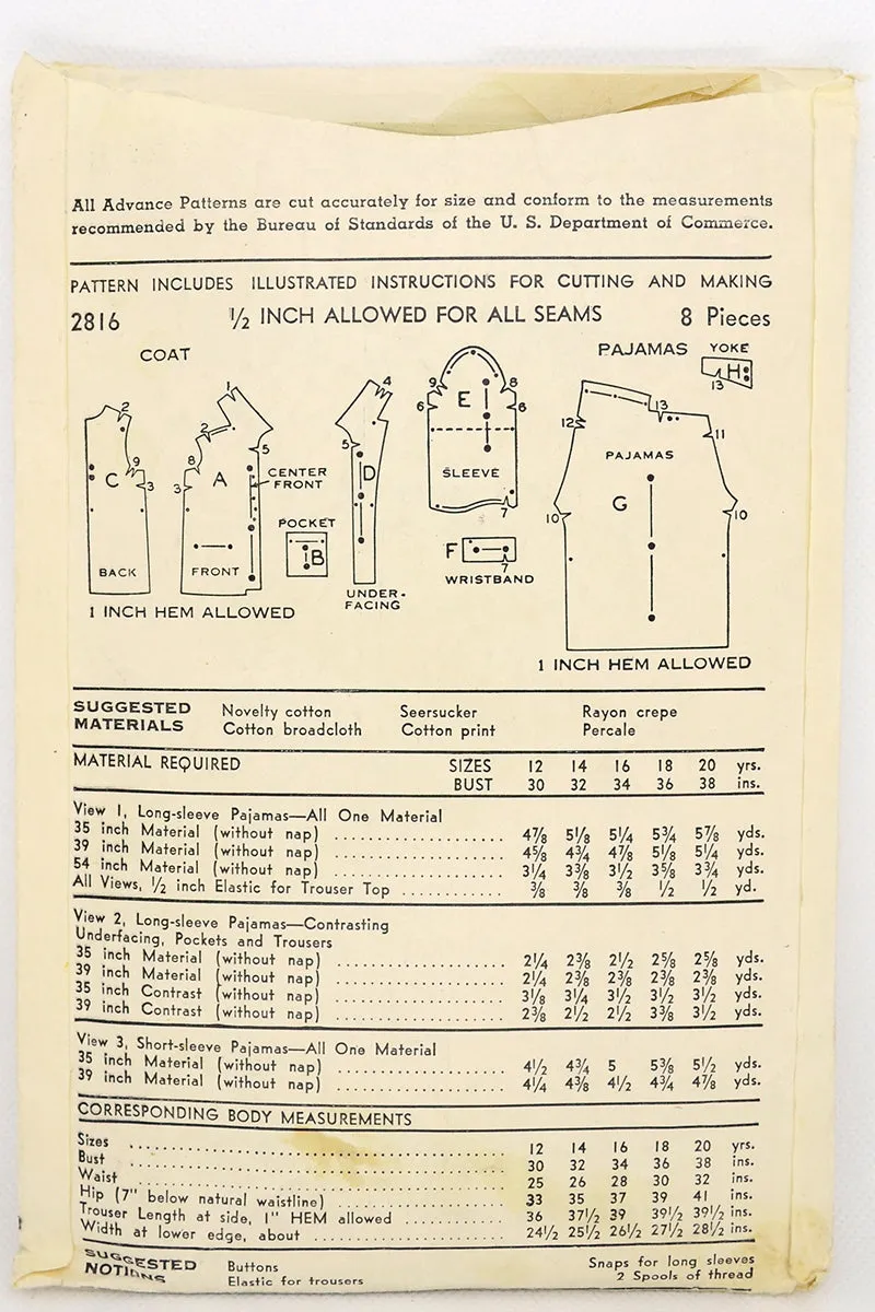 1940s Advance 2816 Vintage Pajama Pattern