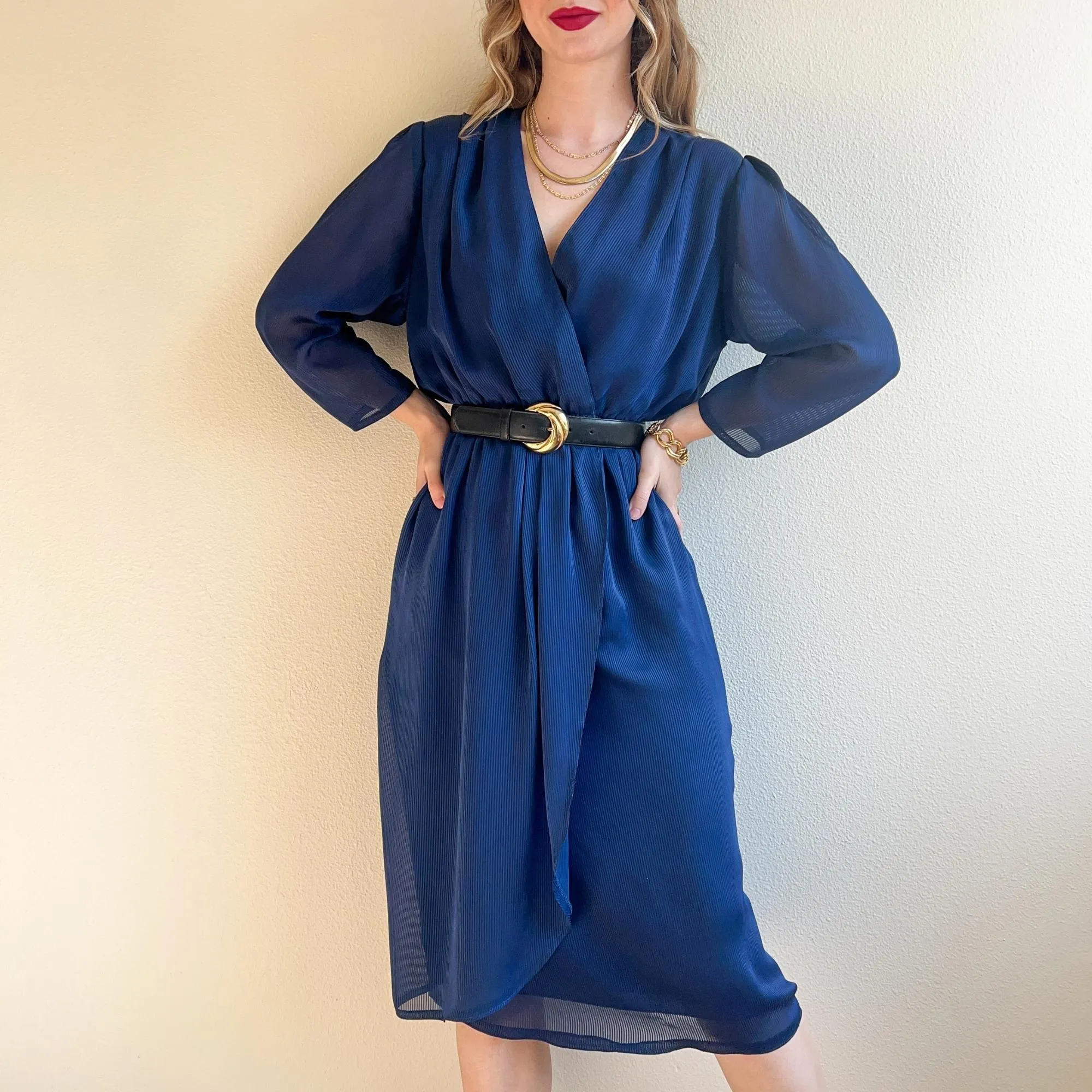 1970s Blue Chiffon Faux Wrap Dress (S/M)