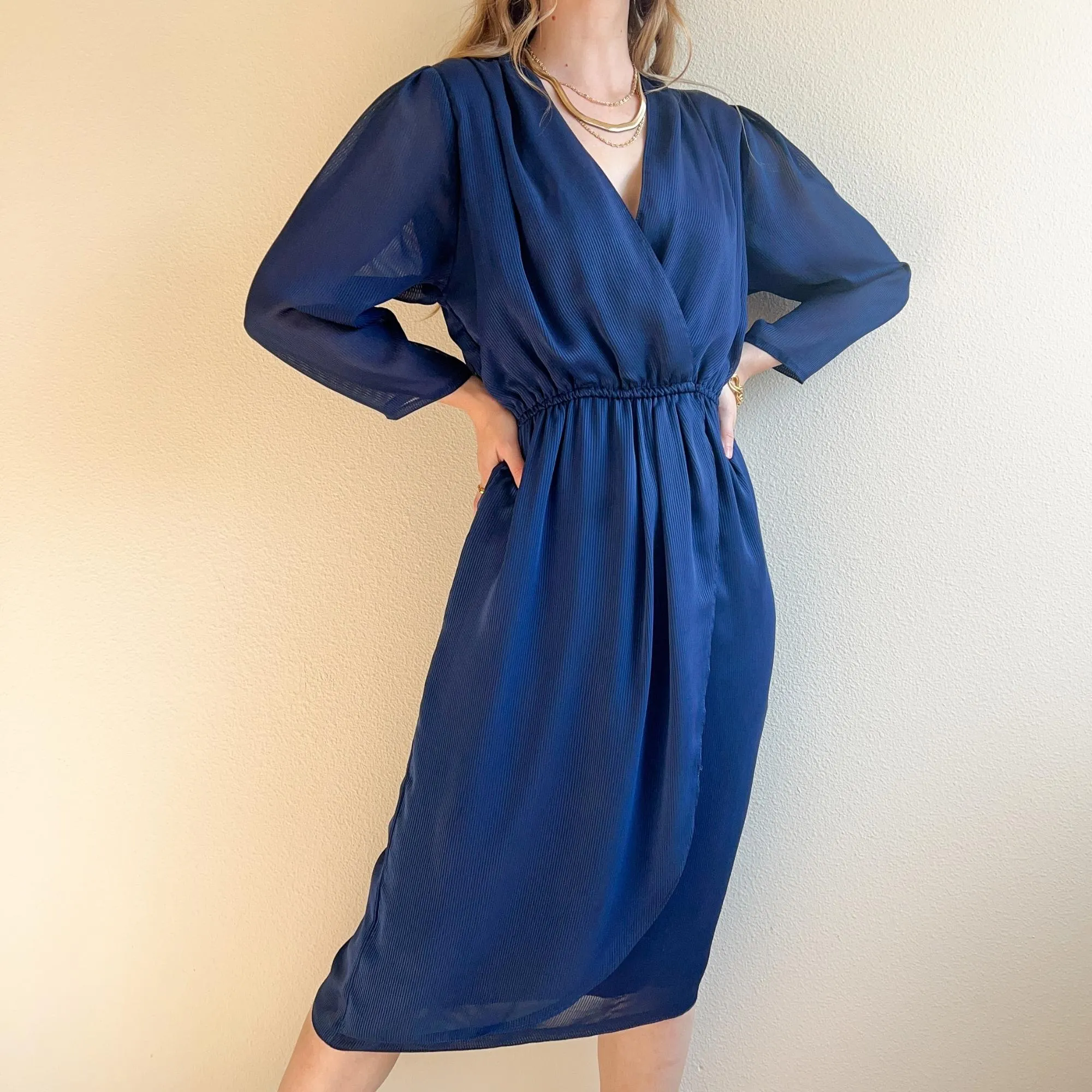 1970s Blue Chiffon Faux Wrap Dress (S/M)