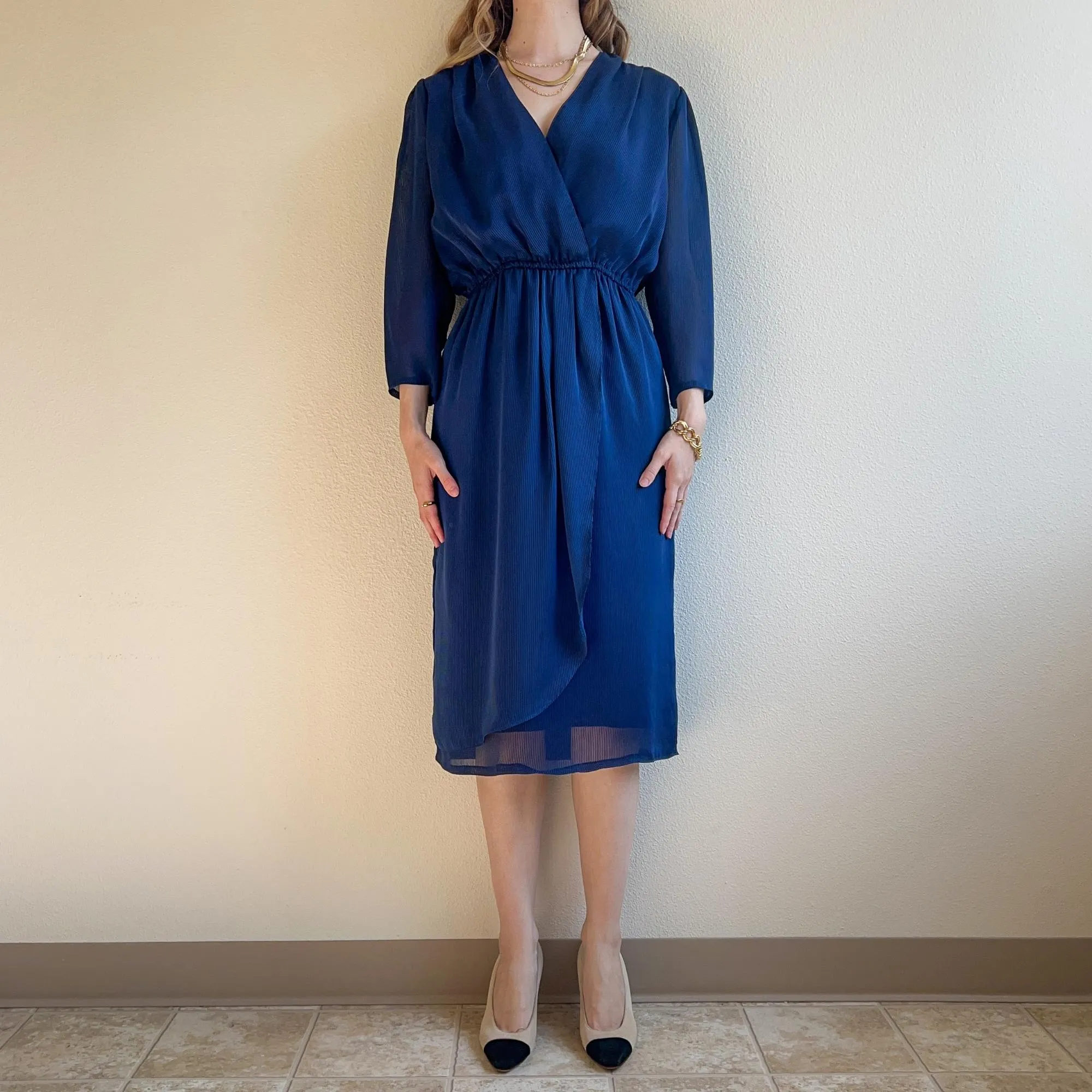 1970s Blue Chiffon Faux Wrap Dress (S/M)