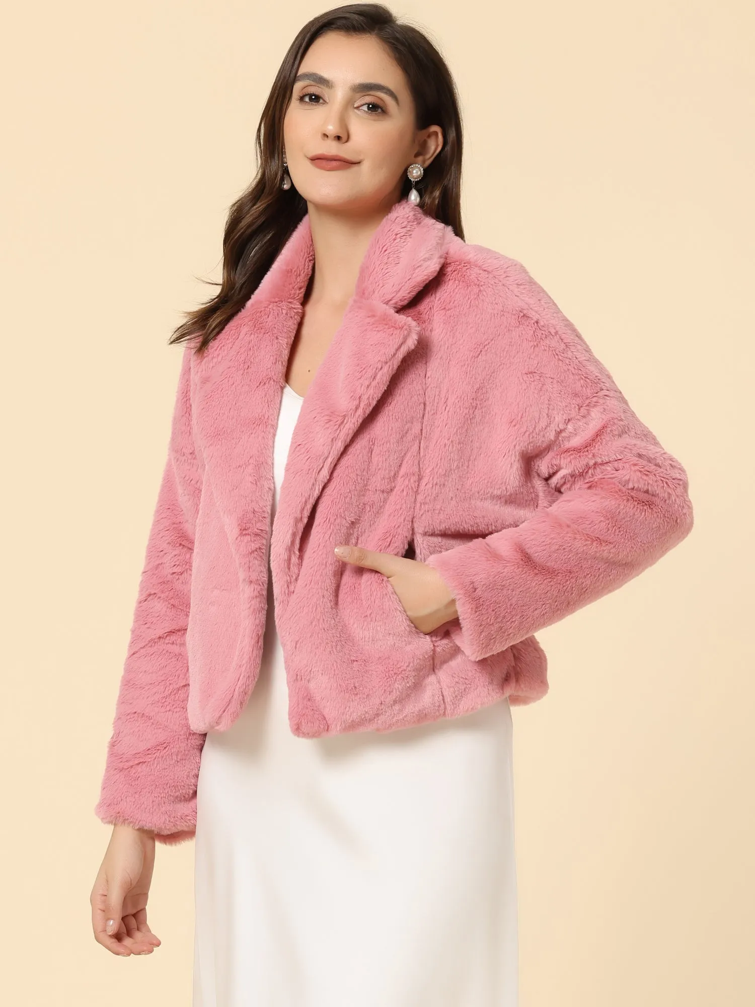 Allegra K Cropped Jacket Notch Lapel Faux Fur Fluffy Coat