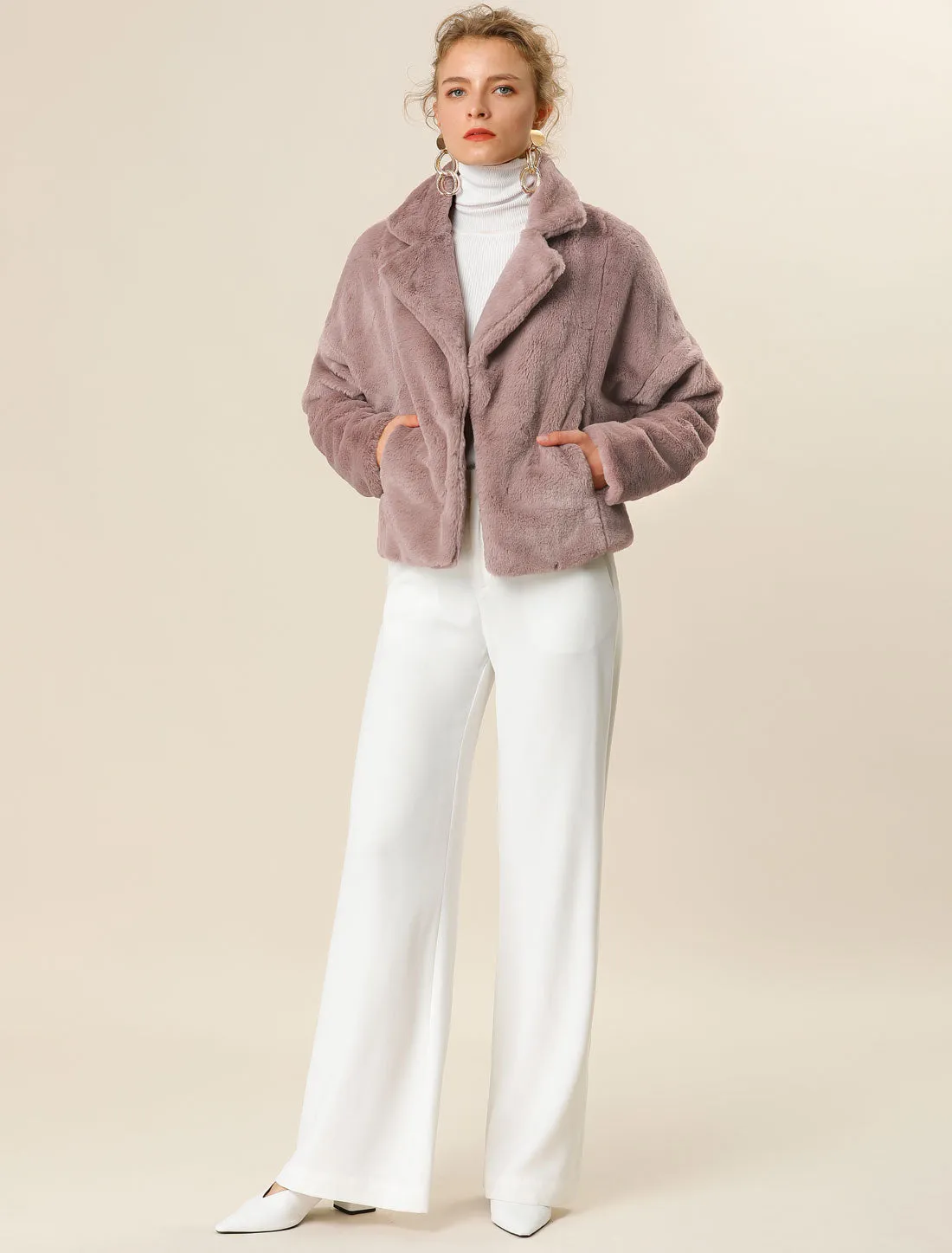 Allegra K Cropped Jacket Notch Lapel Faux Fur Fluffy Coat
