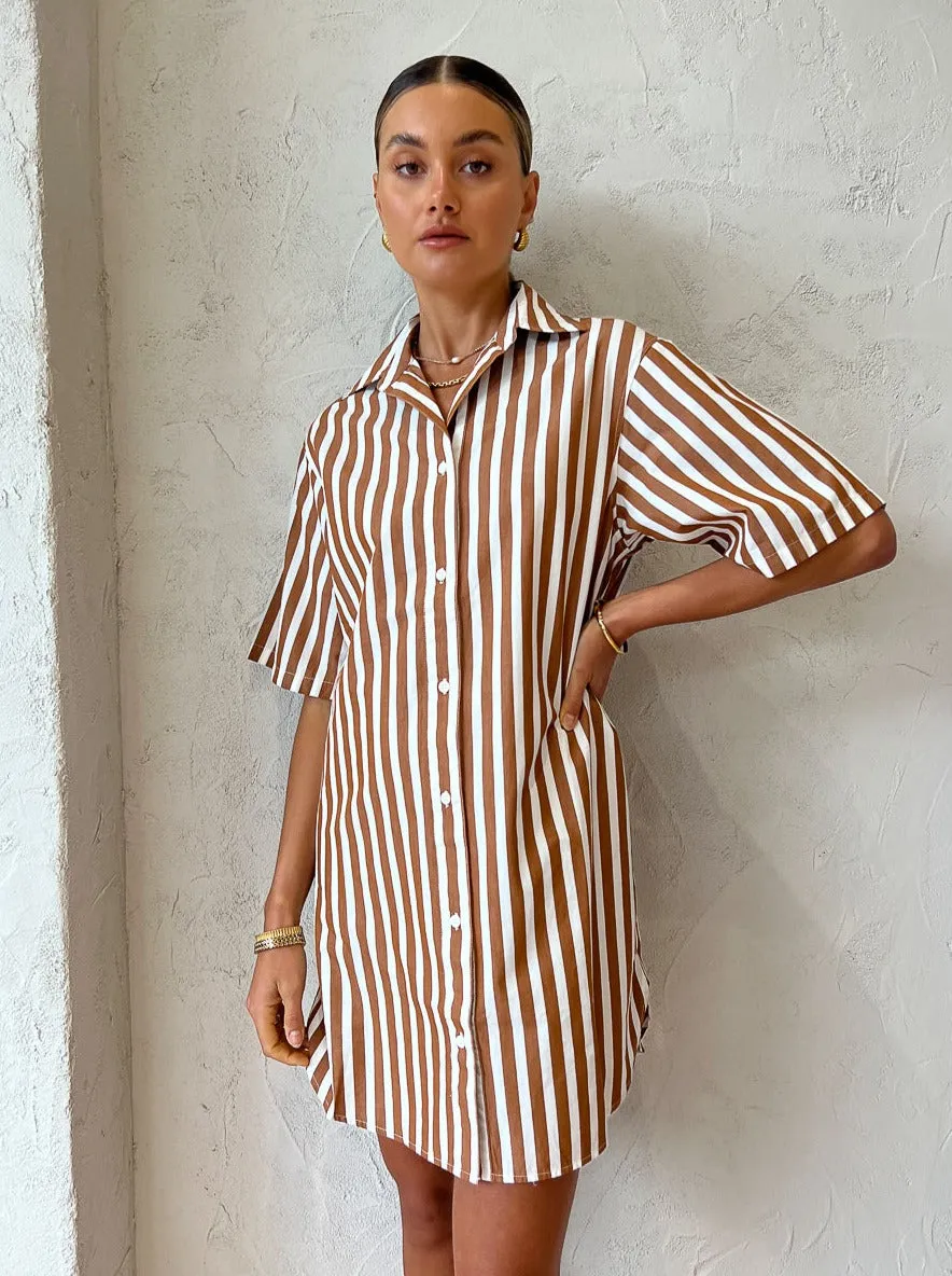 Assembly Label Haley Poplin Dress in Burnt Ochre Stripe