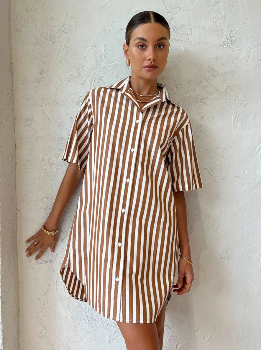 Assembly Label Haley Poplin Dress in Burnt Ochre Stripe