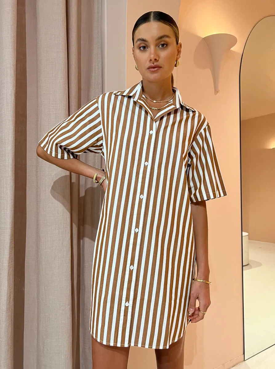 Assembly Label Haley Poplin Dress in Burnt Ochre Stripe