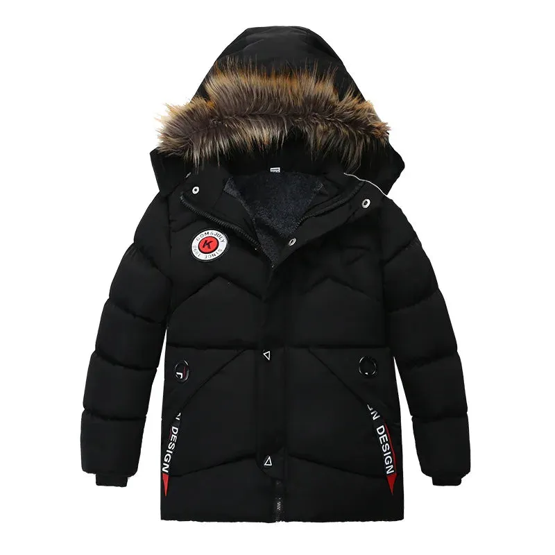 Autumn Winter Boys Jacket Keep Warm Cotton Thicken Kids Jacket Fur Collar Solid Color Zipper Boys Outerwear Children's Clothing