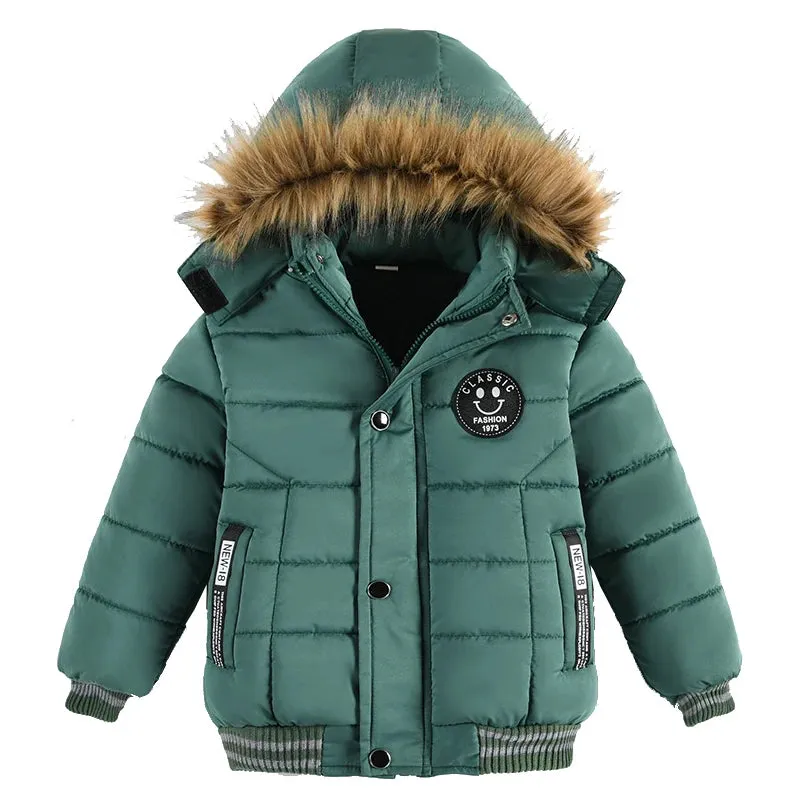 Autumn Winter Boys Jacket Keep Warm Cotton Thicken Kids Jacket Fur Collar Solid Color Zipper Boys Outerwear Children's Clothing