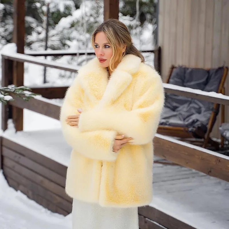 Best Quality Thick Warm Faux Fur Overcoat with Collar Outerwear Jacket