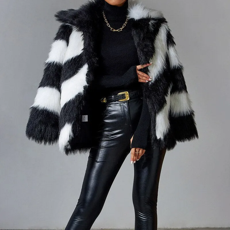 Black Faux Rabbit Fur Stitching Jackets Women Coat Plush Over Coats