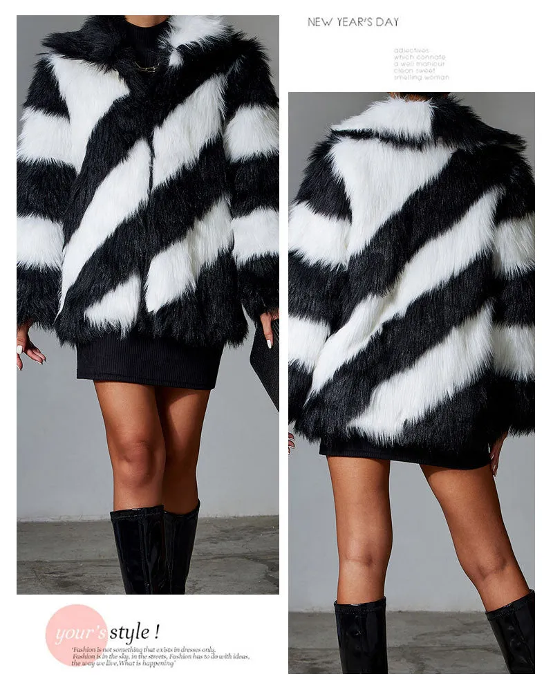 Black Faux Rabbit Fur Stitching Jackets Women Coat Plush Over Coats