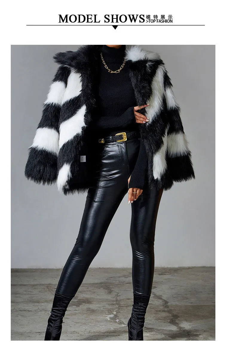 Black Faux Rabbit Fur Stitching Jackets Women Coat Plush Over Coats