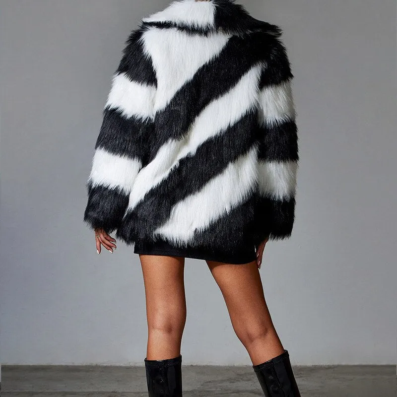 Black Faux Rabbit Fur Stitching Jackets Women Coat Plush Over Coats