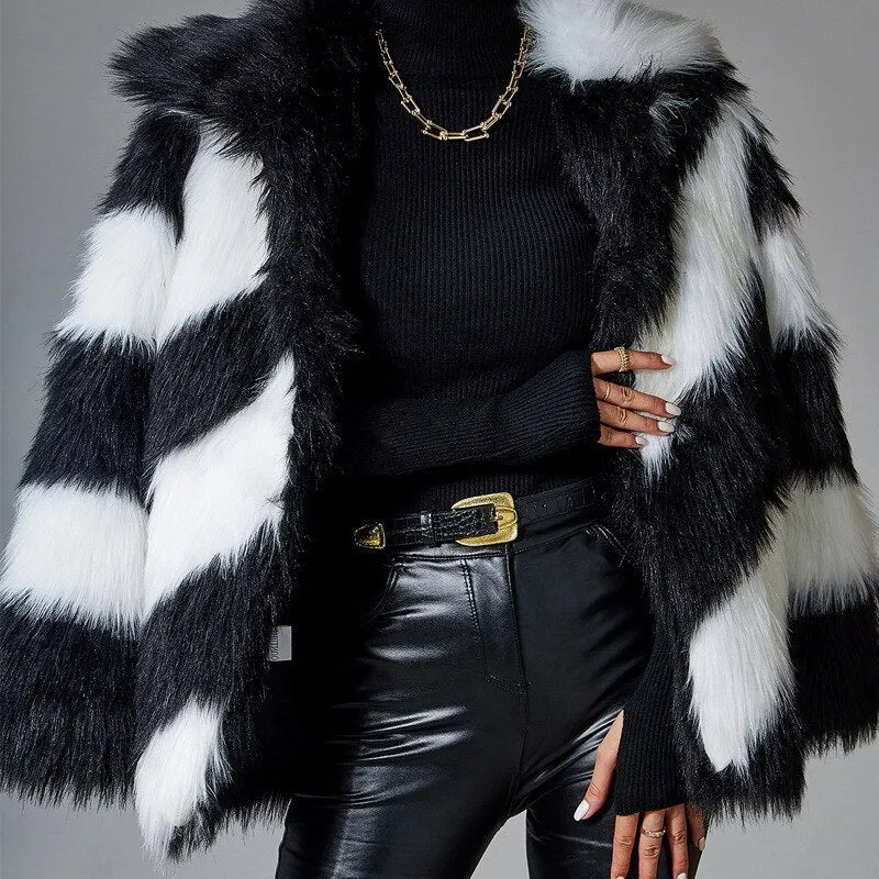 Black Faux Rabbit Fur Stitching Jackets Women Coat Plush Over Coats