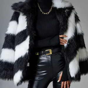 Black Faux Rabbit Fur Stitching Jackets Women Coat Plush Over Coats