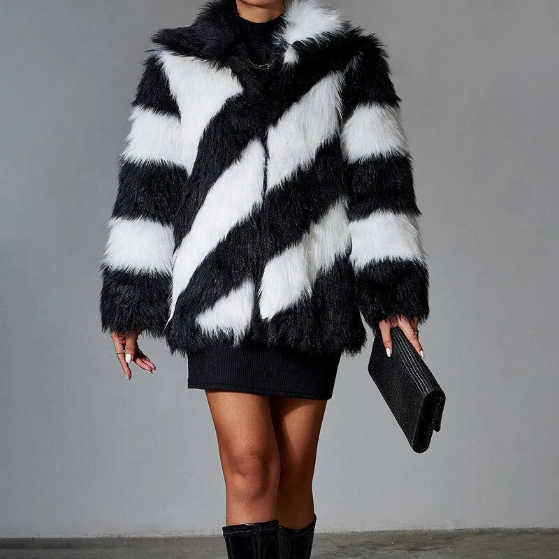 Black Faux Rabbit Fur Stitching Jackets Women Coat Plush Over Coats