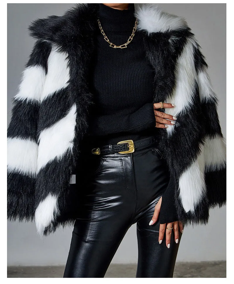 Black Faux Rabbit Fur Stitching Jackets Women Coat Plush Over Coats