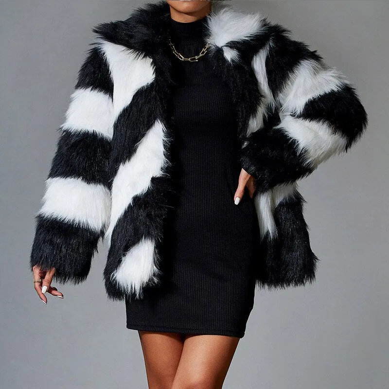 Black Faux Rabbit Fur Stitching Jackets Women Coat Plush Over Coats
