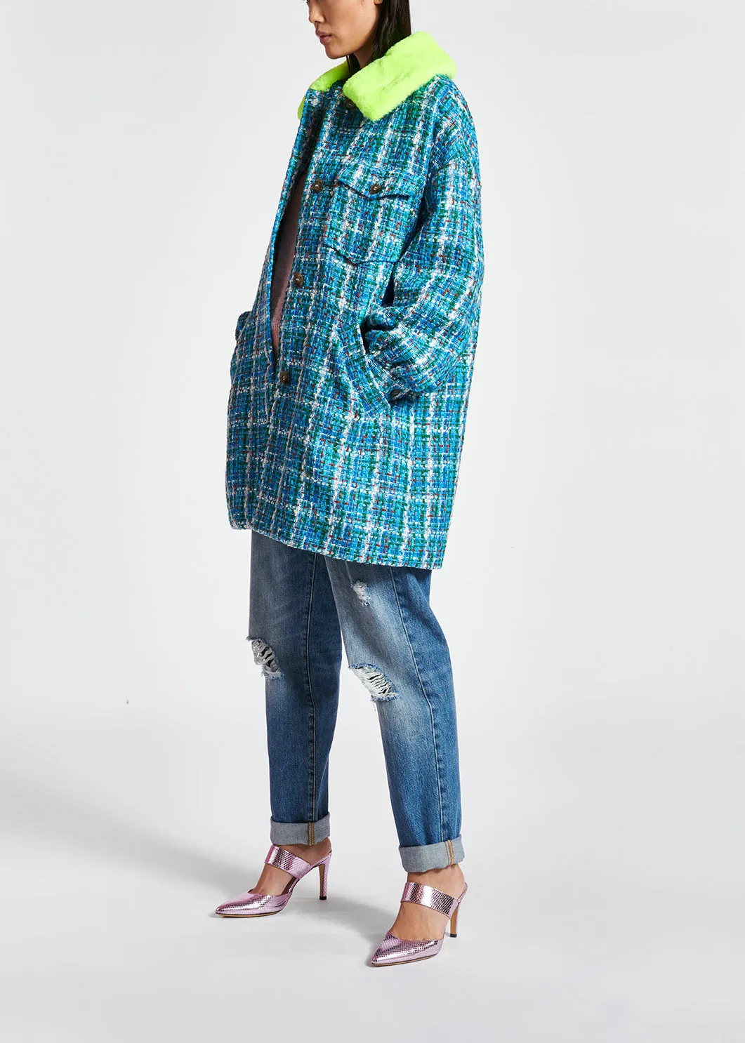 Blue, green and white coat with faux fur collar