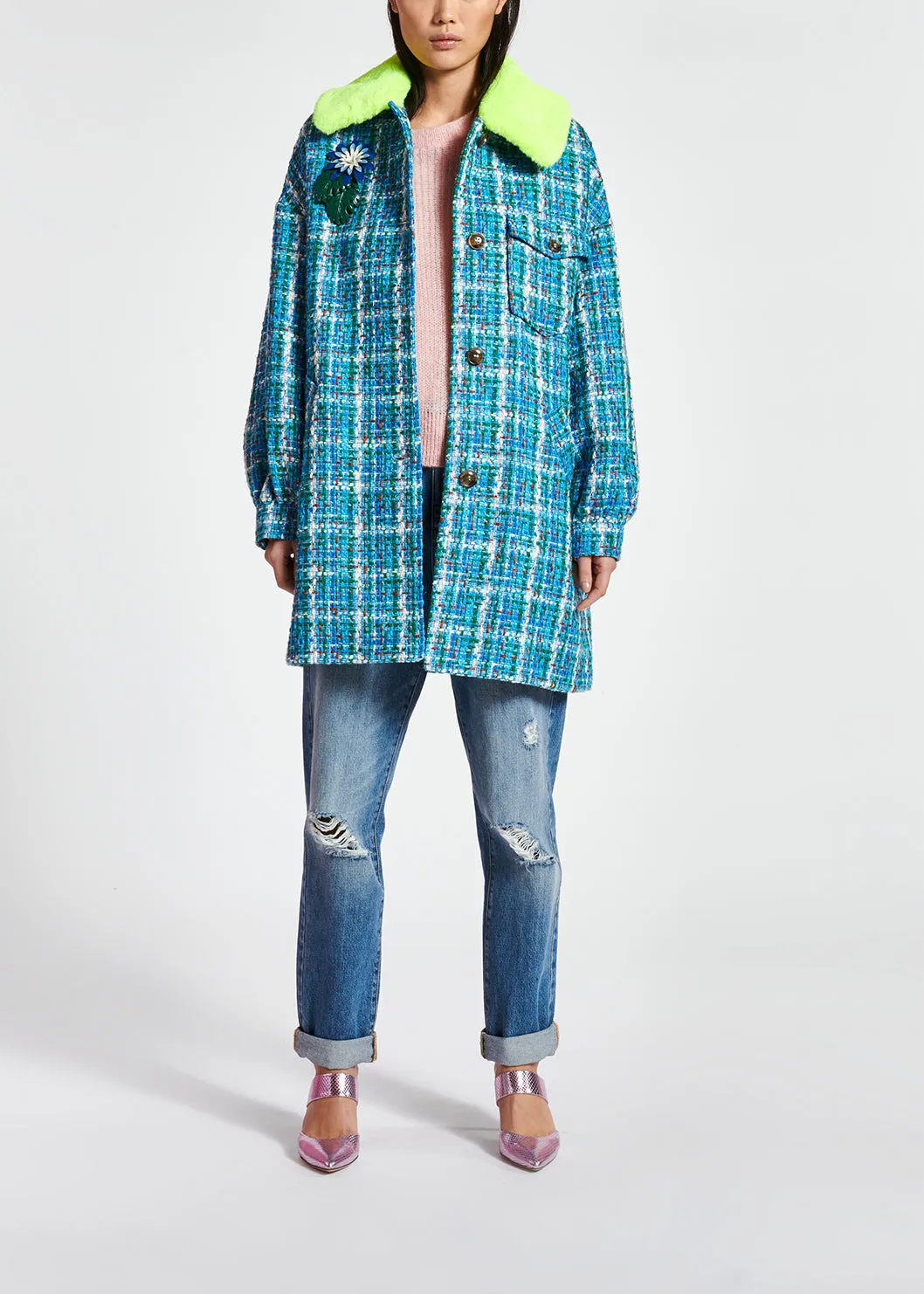 Blue, green and white coat with faux fur collar