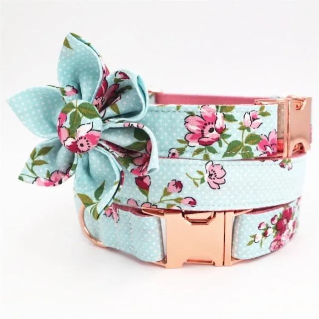 Blue Pinks Floral Flower Collar And Leash Set |Personalized