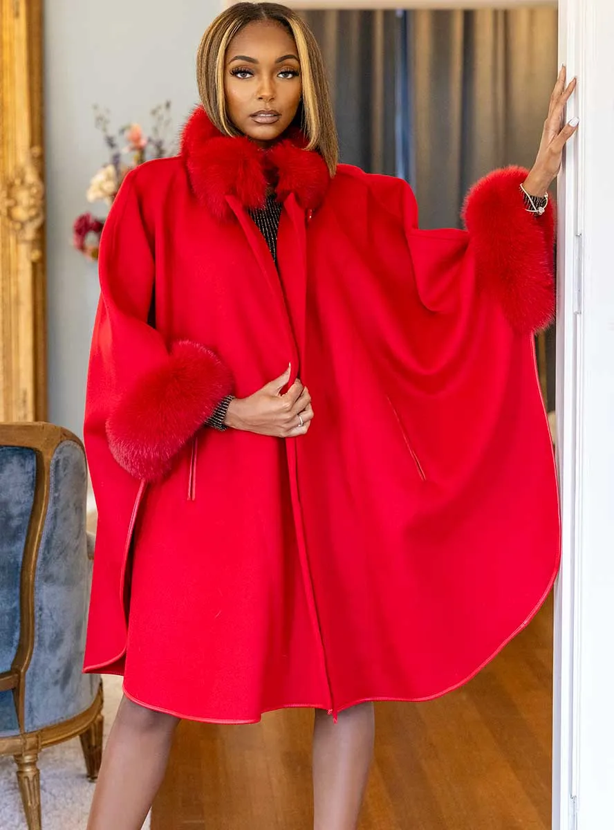 Cashmere & Wool Blend Cape with Fox Fur Trim