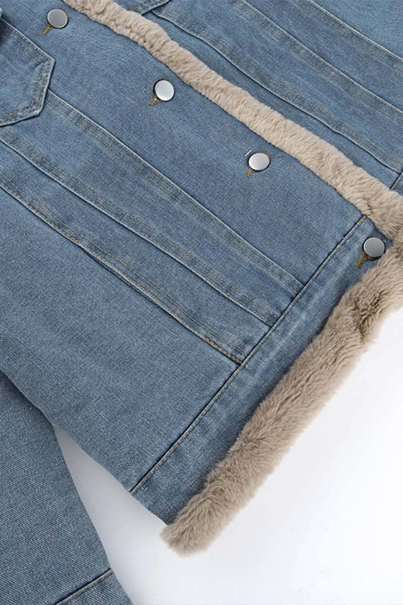 CH835 Denim Splicing Fur Jacket