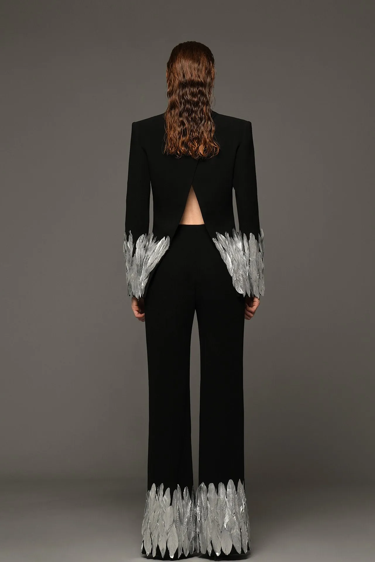 Crepe Suit with Feathers