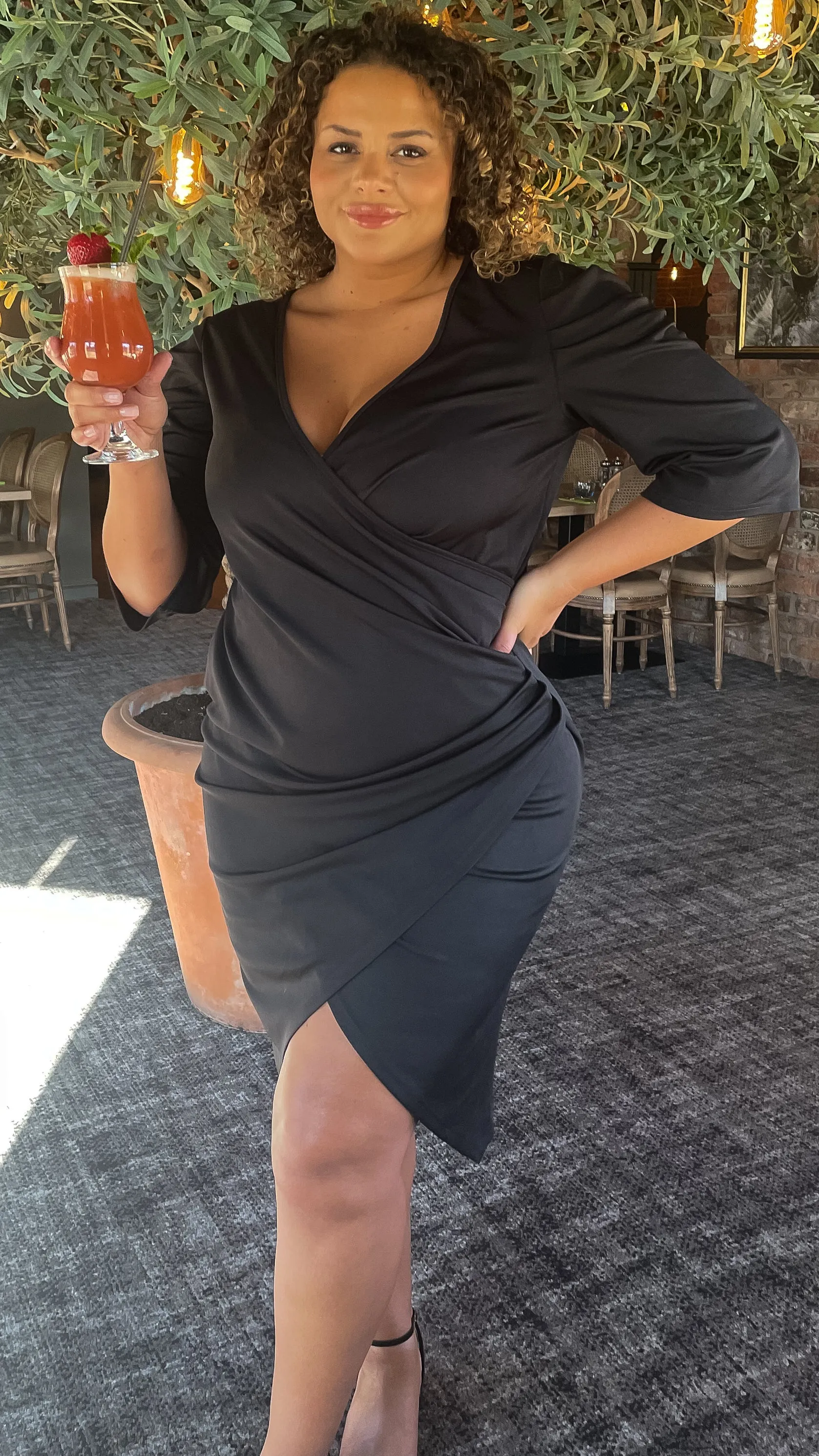 CurveWow Black Puff Sleeve Wrap Midi Dress