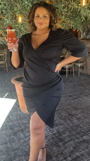 CurveWow Black Puff Sleeve Wrap Midi Dress