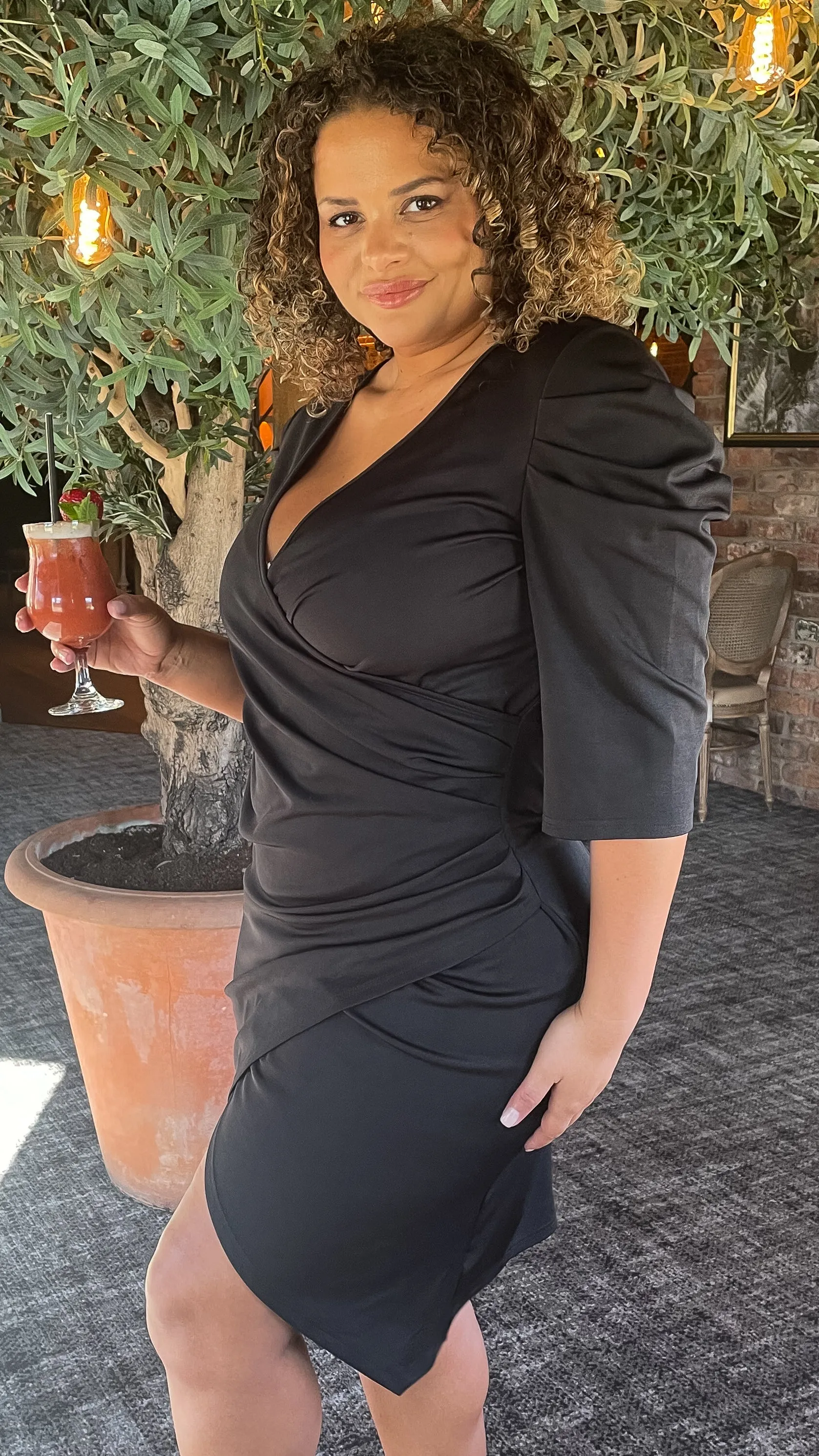 CurveWow Black Puff Sleeve Wrap Midi Dress
