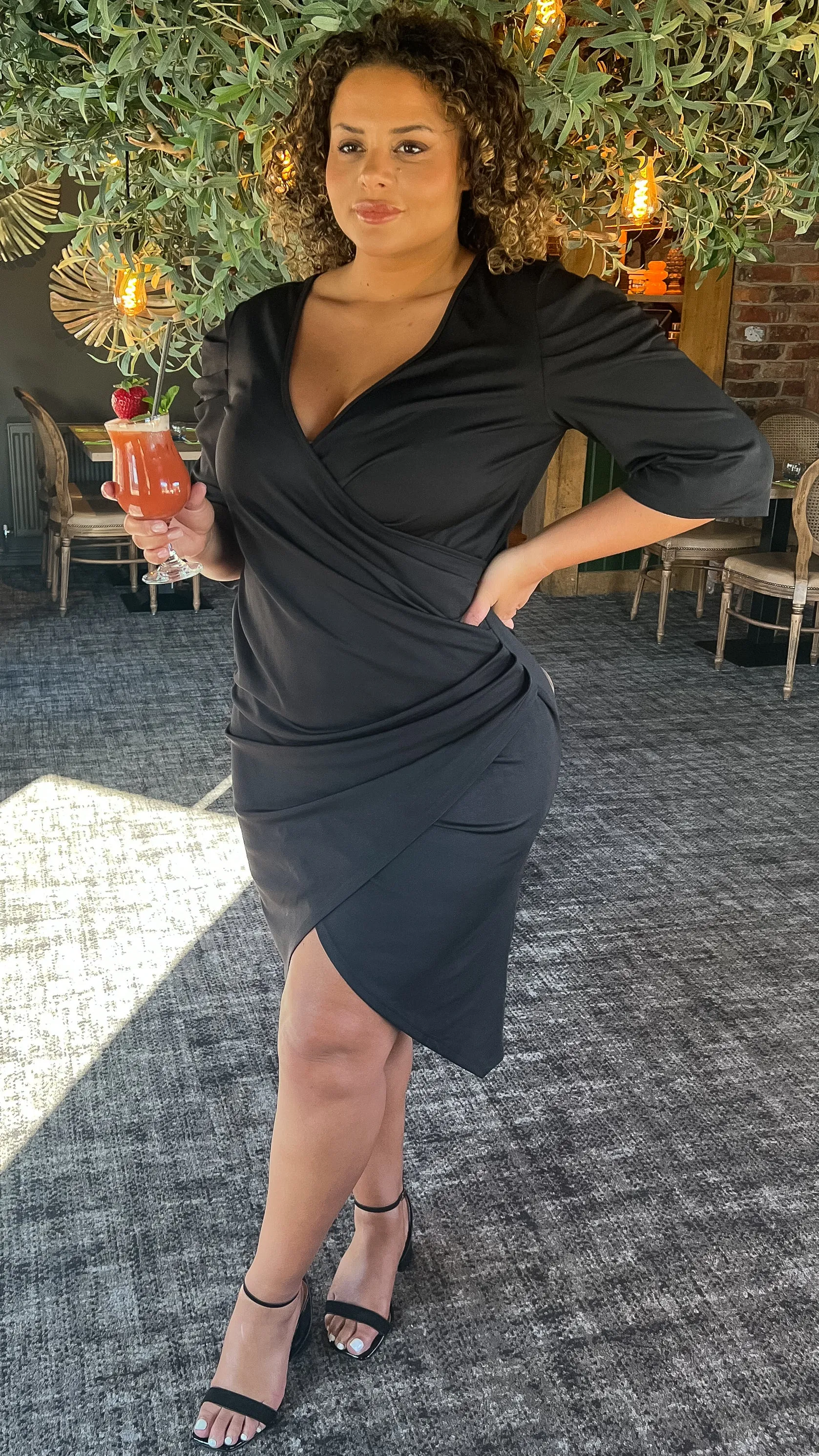 CurveWow Black Puff Sleeve Wrap Midi Dress