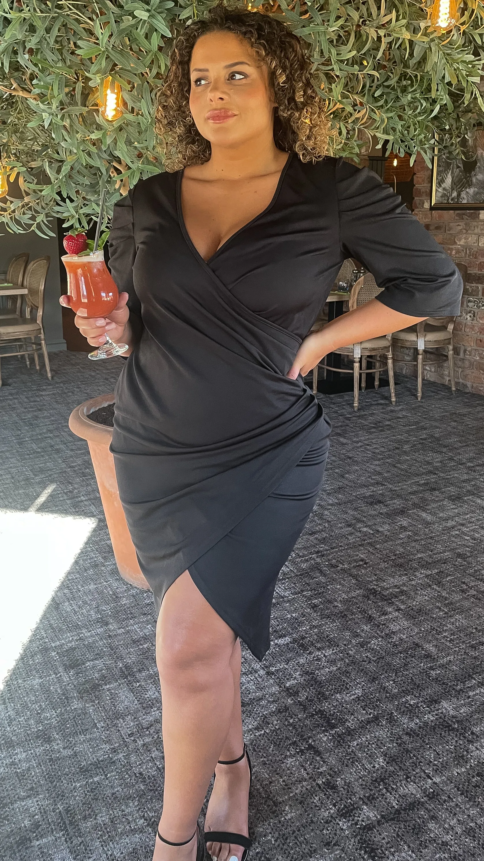 CurveWow Black Puff Sleeve Wrap Midi Dress