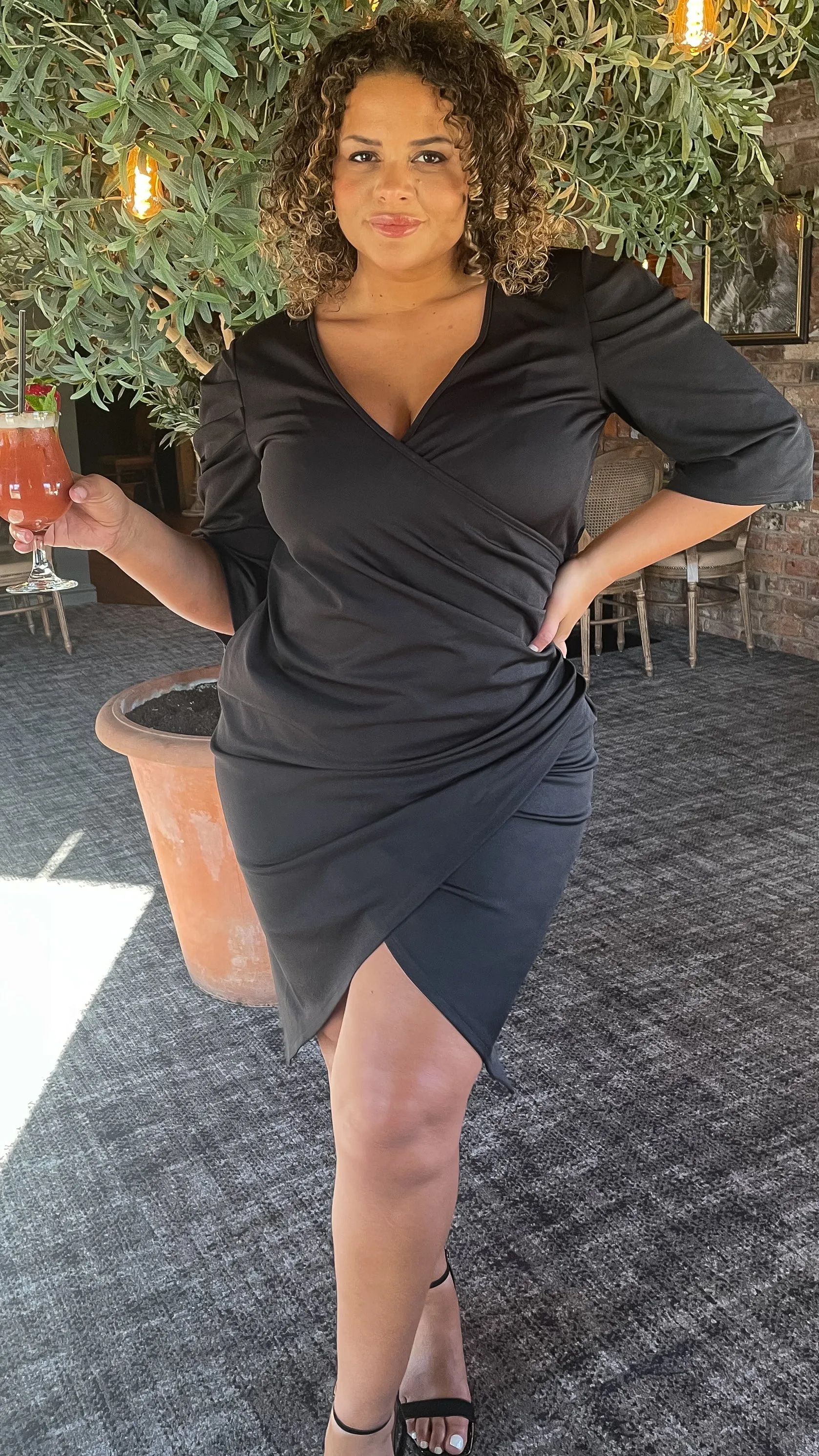 CurveWow Black Puff Sleeve Wrap Midi Dress