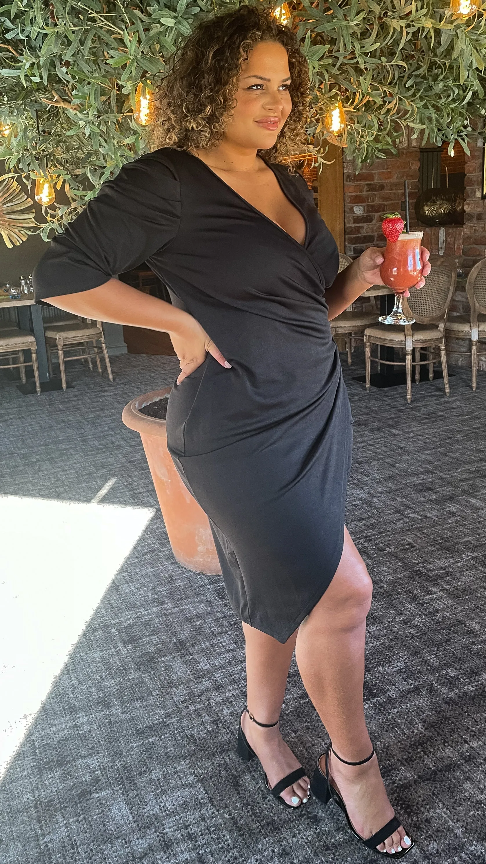 CurveWow Black Puff Sleeve Wrap Midi Dress