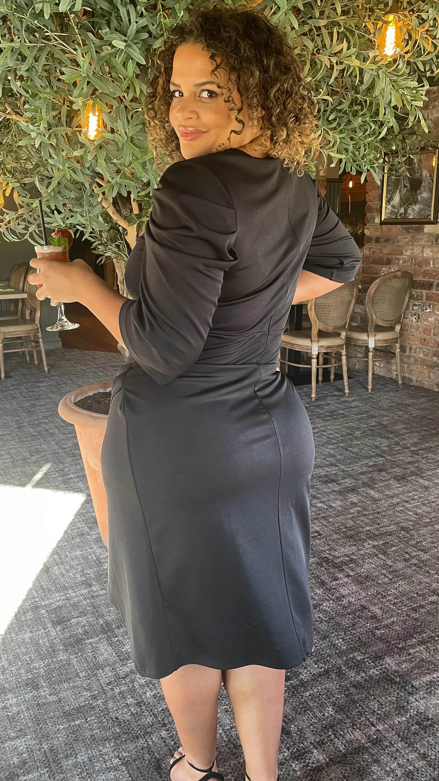 CurveWow Black Puff Sleeve Wrap Midi Dress