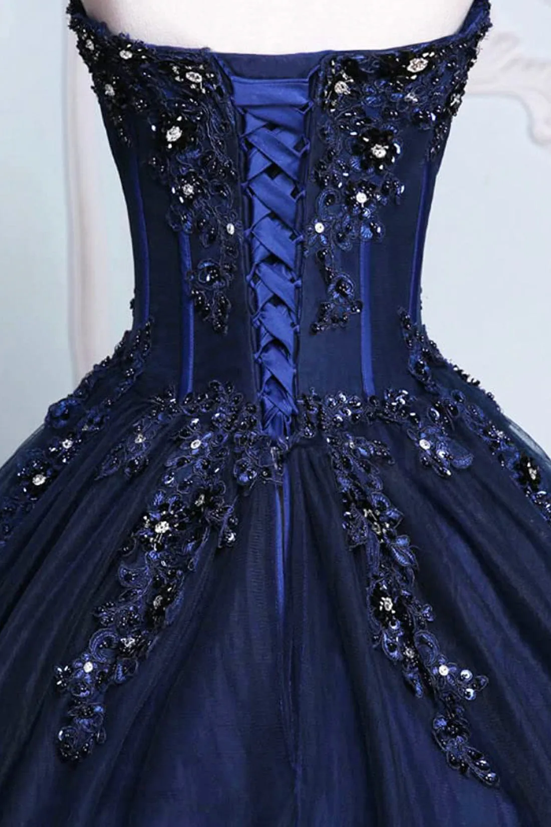 Dark Blue Tulle Lace Princess Dress, A-Line Strapless Long Prom Dress