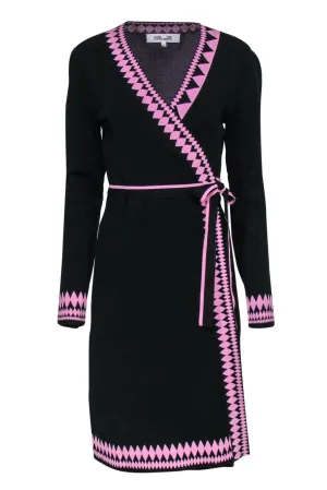 Diane von Furstenberg - Black Knit Wrap Dress w/ Pink Trim Sz M