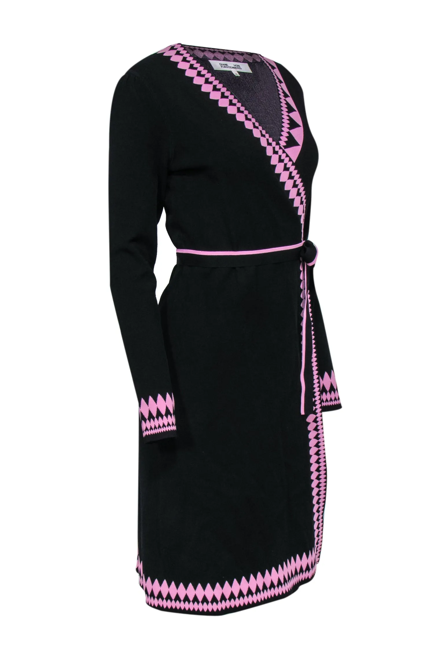 Diane von Furstenberg - Black Knit Wrap Dress w/ Pink Trim Sz M