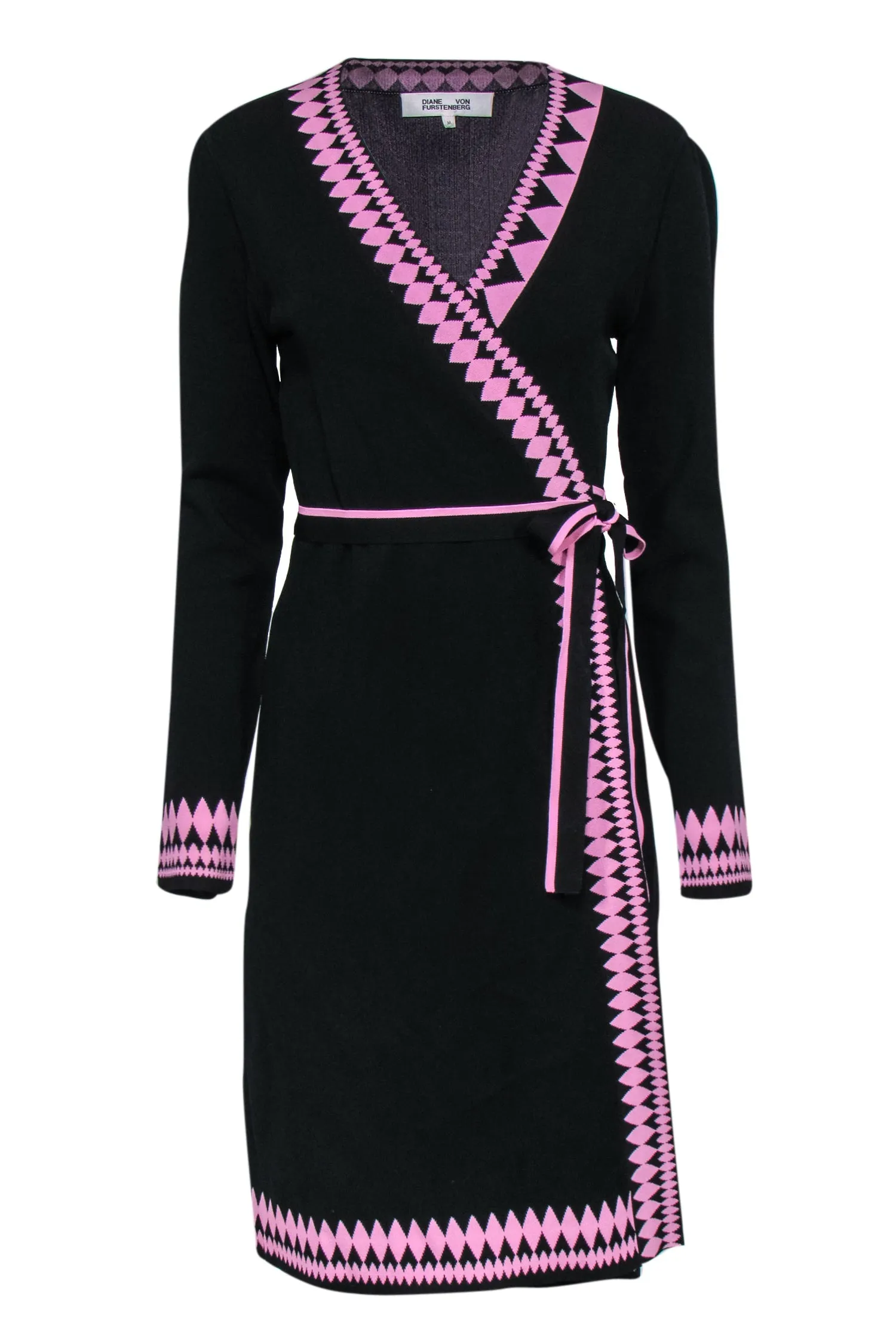 Diane von Furstenberg - Black Knit Wrap Dress w/ Pink Trim Sz M