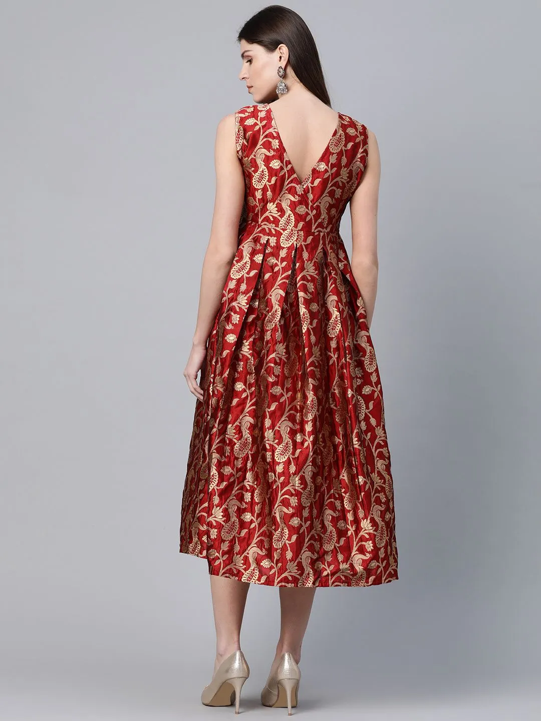DRESS - Couture Women Maroon & Golden Self Design Wrap Dress