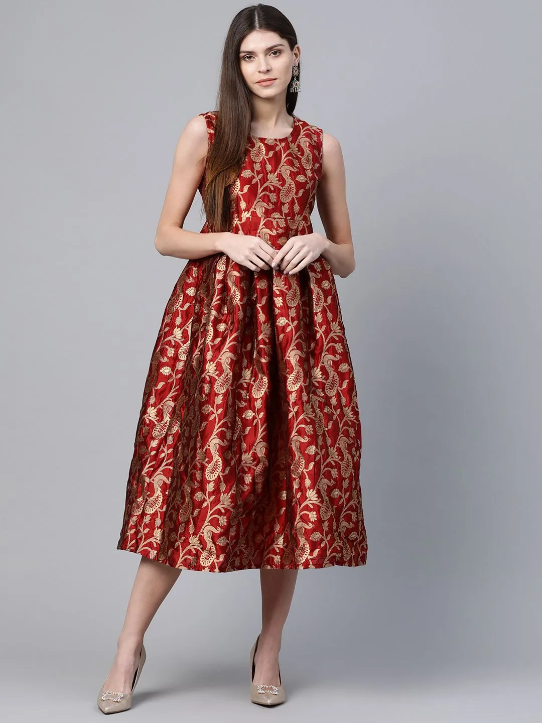 DRESS - Couture Women Maroon & Golden Self Design Wrap Dress
