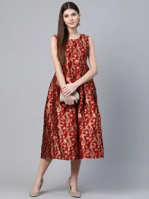 DRESS - Couture Women Maroon & Golden Self Design Wrap Dress
