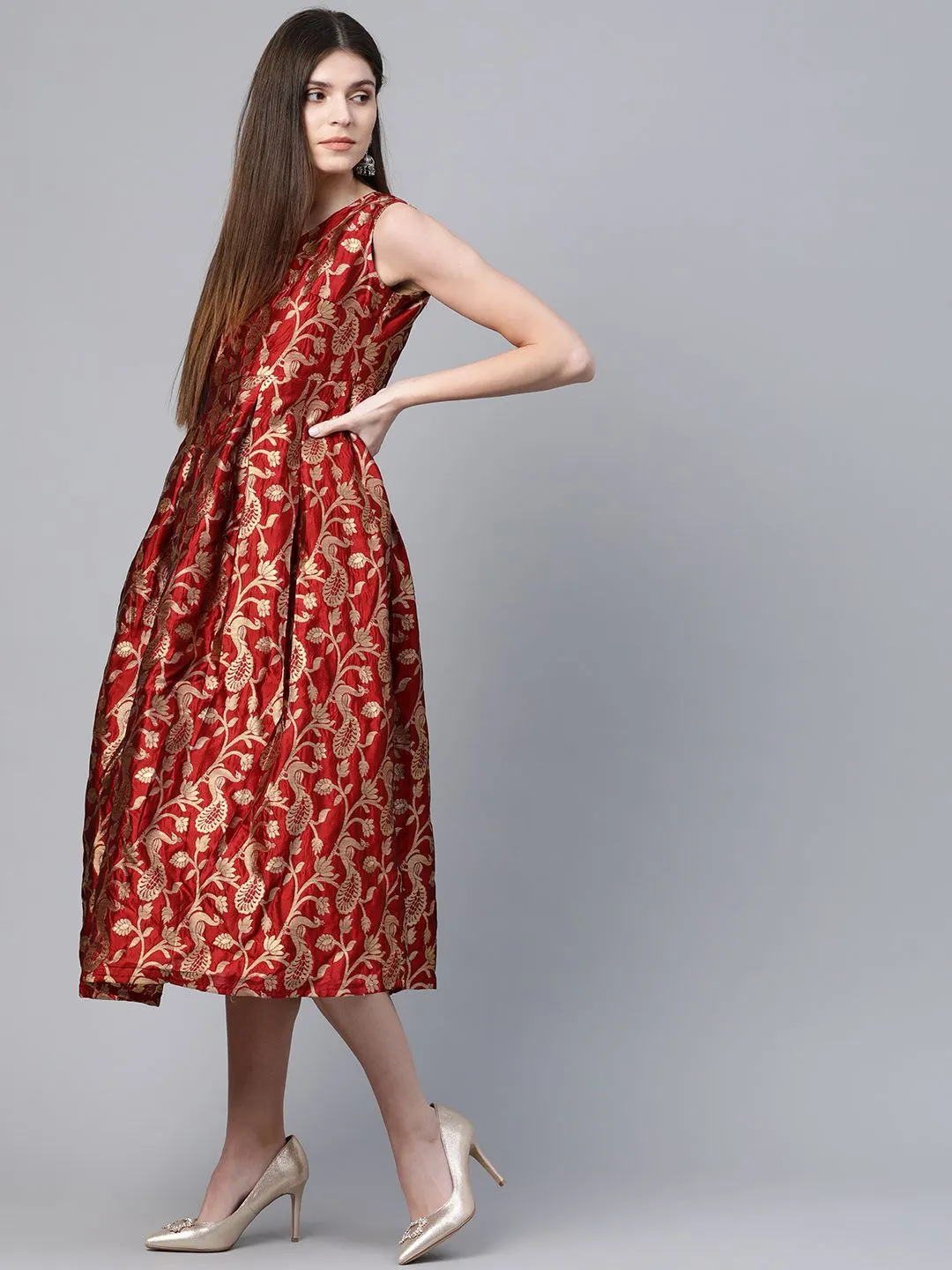 DRESS - Couture Women Maroon & Golden Self Design Wrap Dress