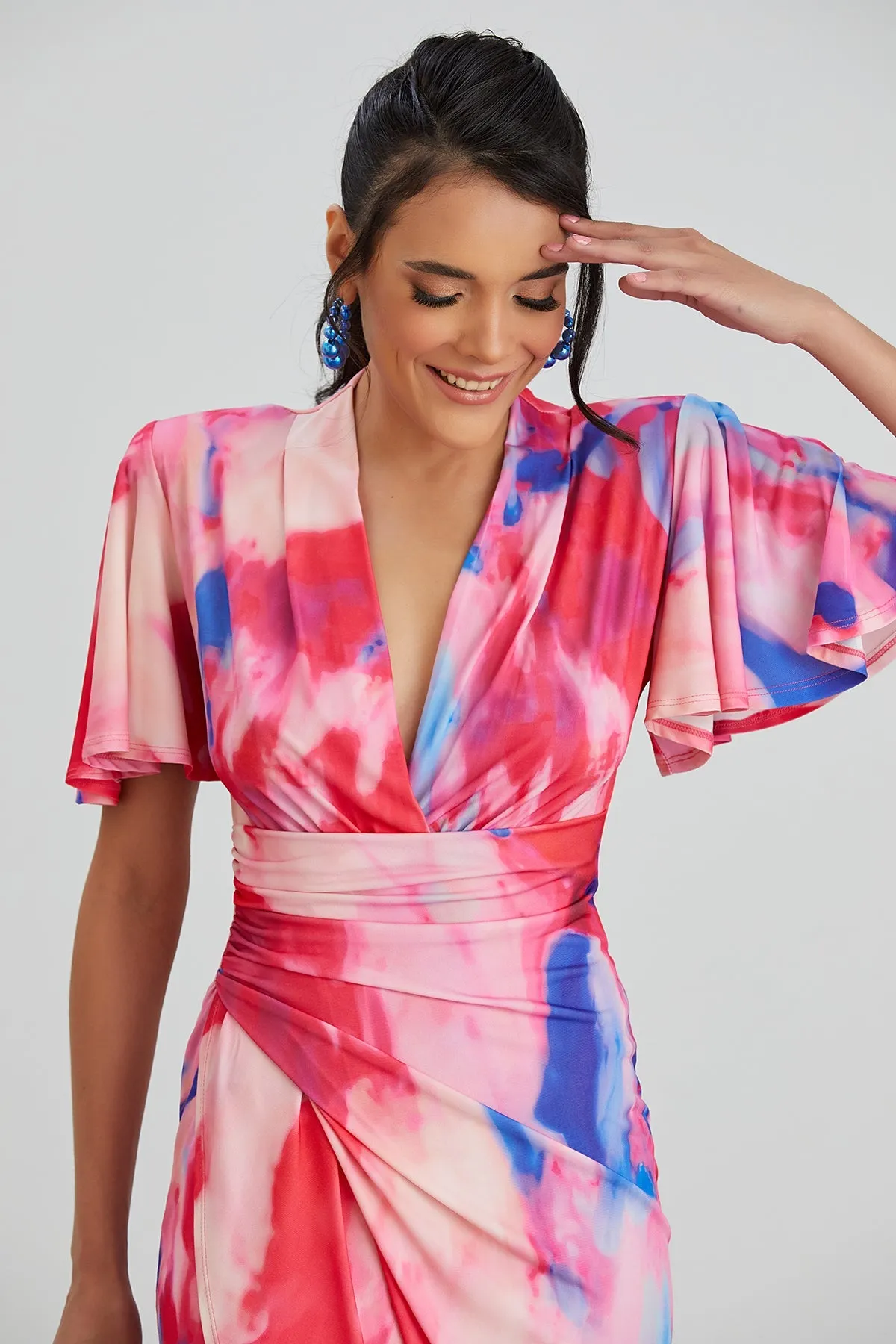 Ethereal Angel Sleeve Wrap Dress in Insomnia Pink Print