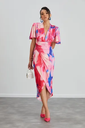 Ethereal Angel Sleeve Wrap Dress in Insomnia Pink Print