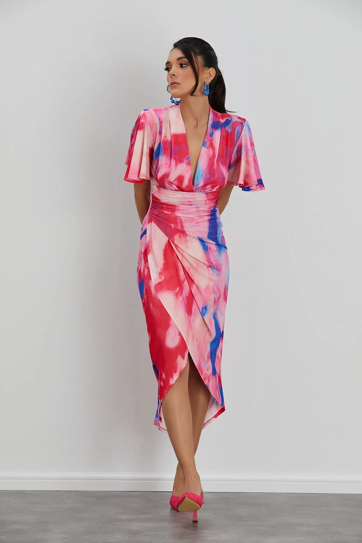 Ethereal Angel Sleeve Wrap Dress in Insomnia Pink Print