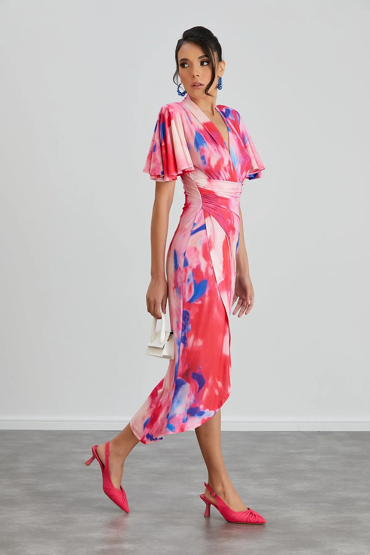 Ethereal Angel Sleeve Wrap Dress in Insomnia Pink Print