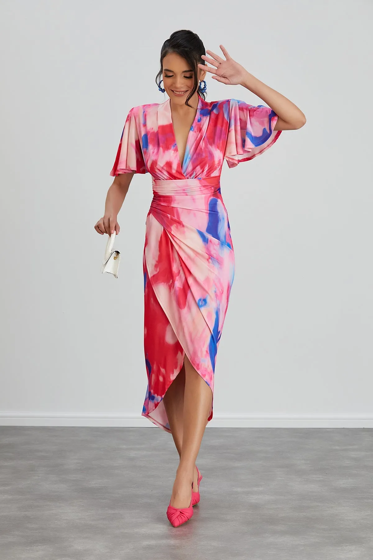 Ethereal Angel Sleeve Wrap Dress in Insomnia Pink Print