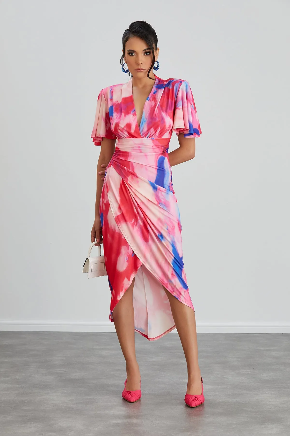 Ethereal Angel Sleeve Wrap Dress in Insomnia Pink Print