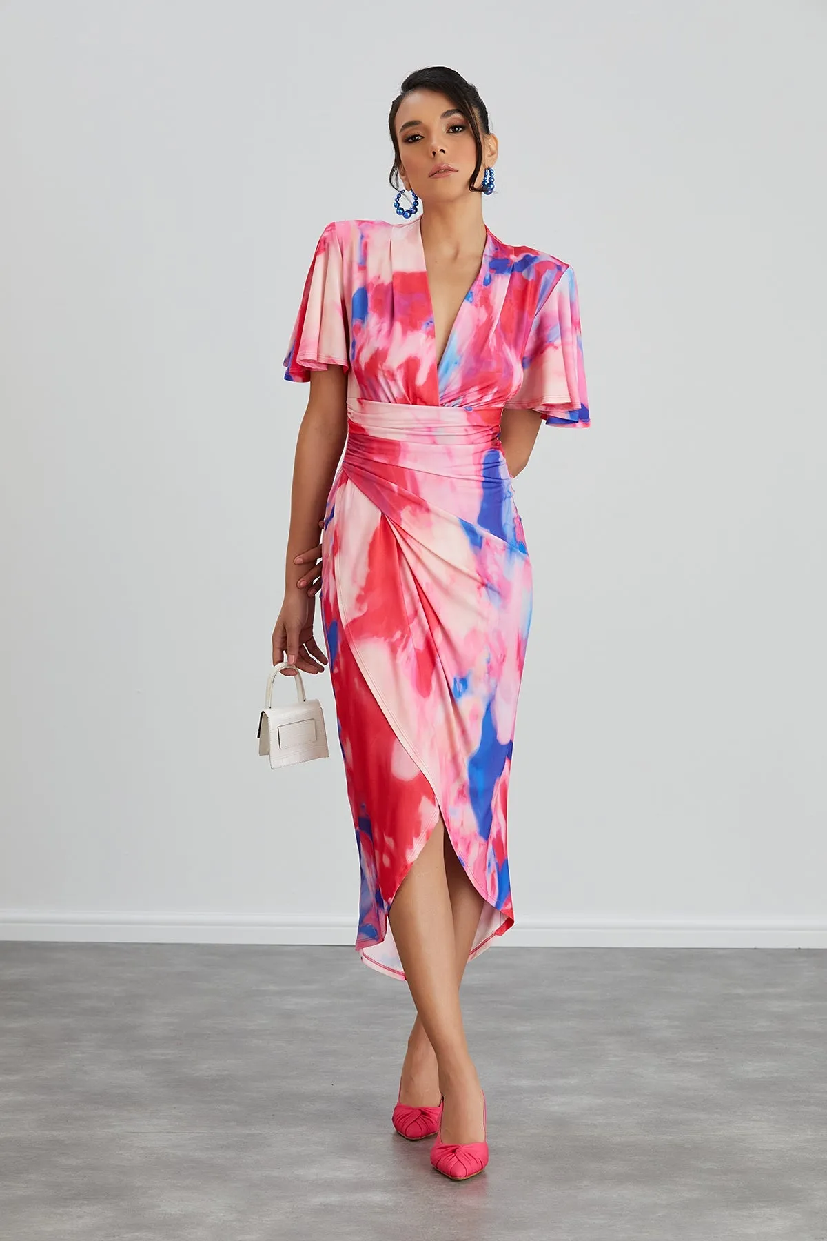 Ethereal Angel Sleeve Wrap Dress in Insomnia Pink Print